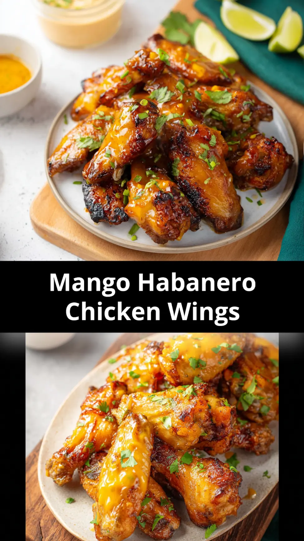Mango Habanero Chicken Wings recipe pin showing crispy glazed wings ready to serve