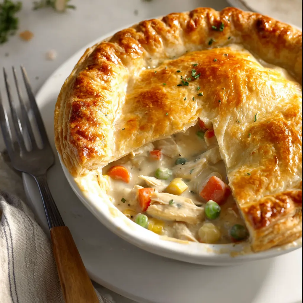 Marie Callender Chicken Pot Pie recipe, served and ready to eat, easy homemade dish