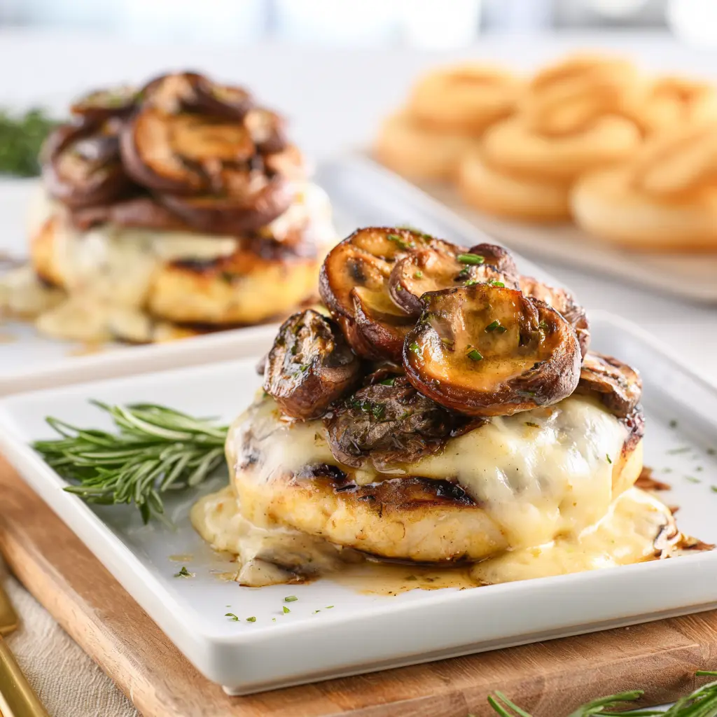 Mushroom Swiss Chicken recipe, served and ready to eat, easy homemade dish