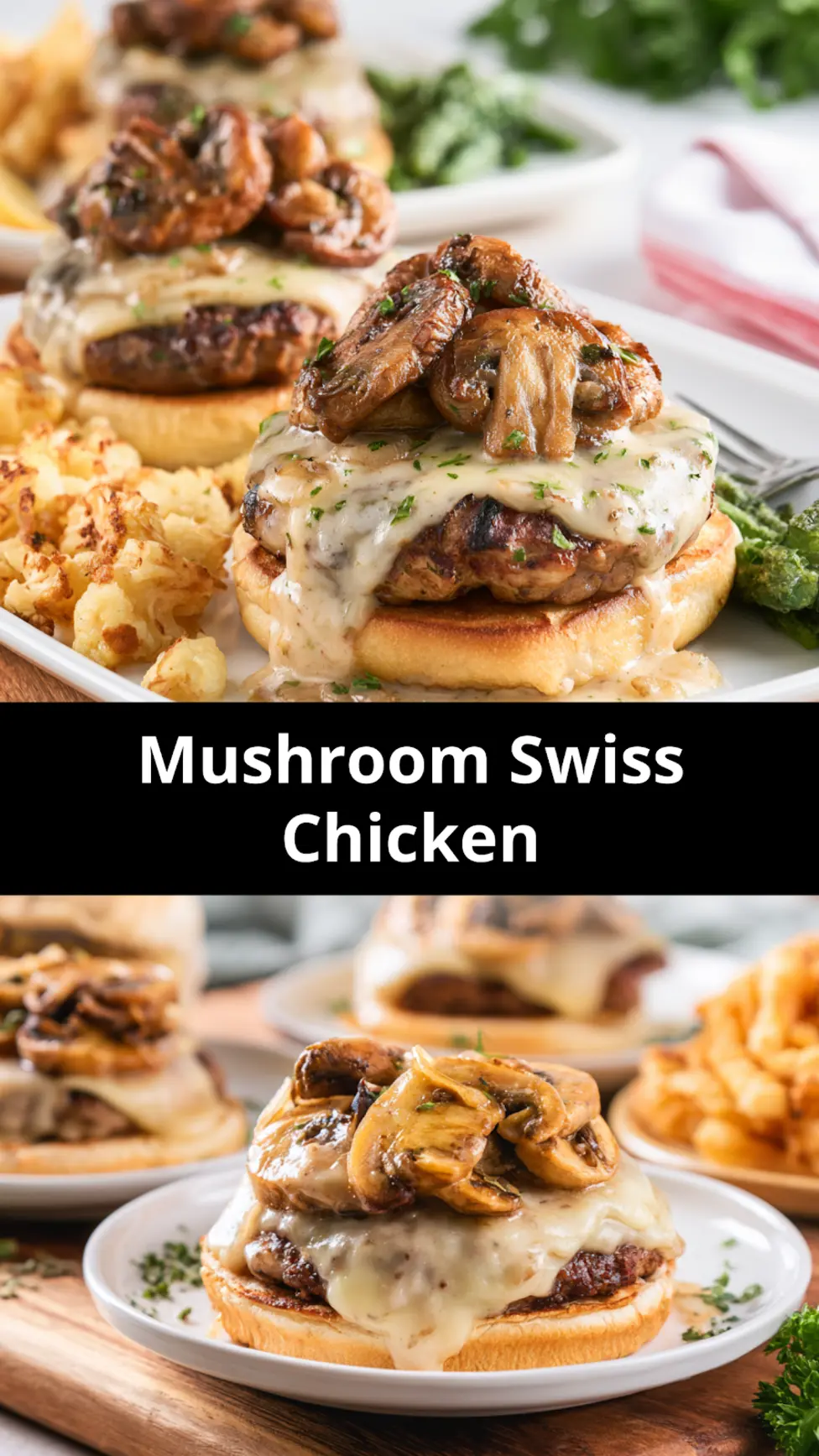 Mushroom Swiss Chicken recipe, served and ready to eat, easy homemade dish