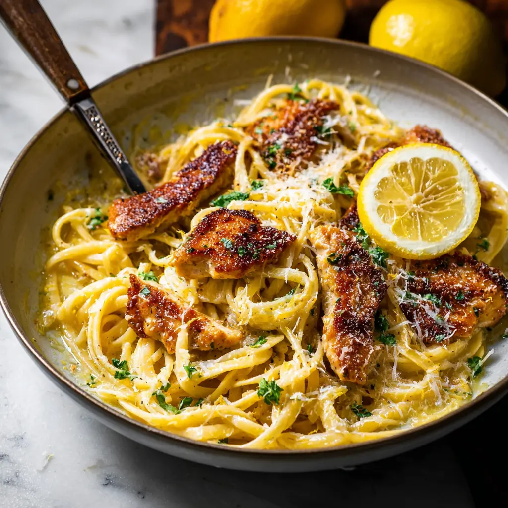 One Pan Lemon Butter Chicken Pasta recipe, served and ready to eat, easy homemade dish