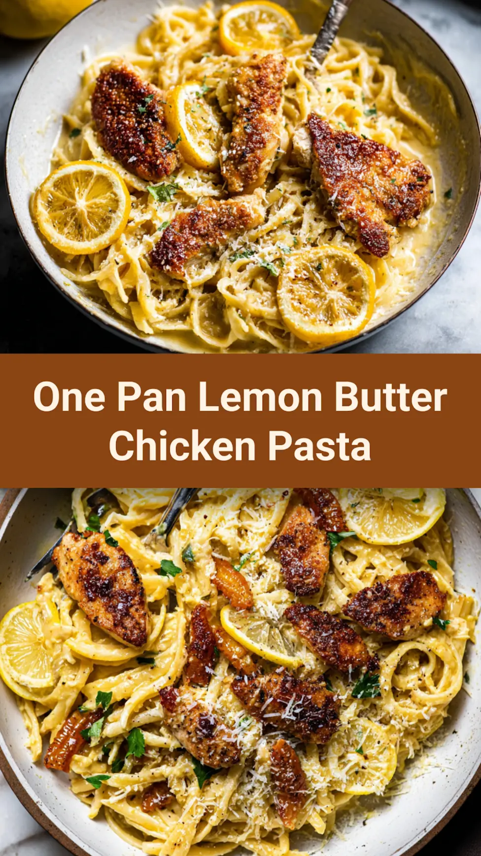 One Pan Lemon Butter Chicken Pasta recipe, served and ready to eat, easy homemade dish