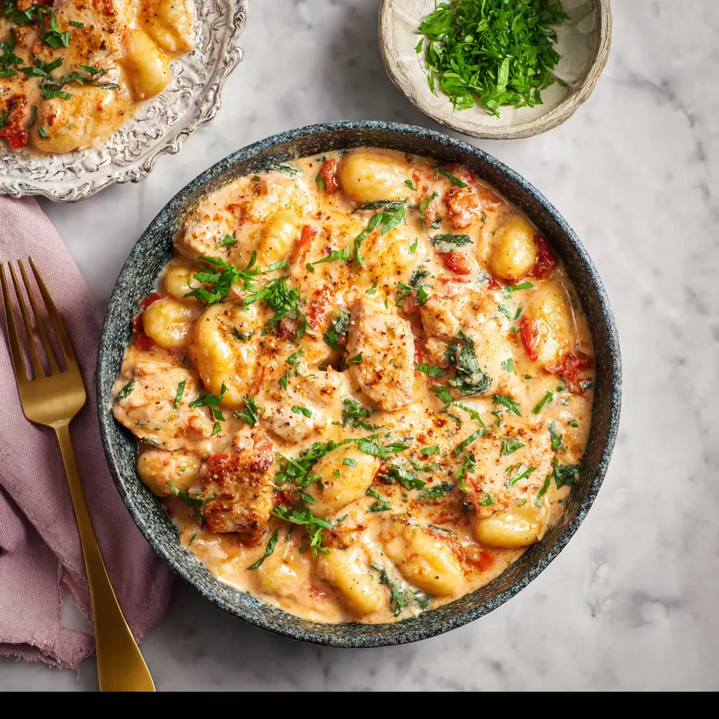 One Pan Marry Me Chicken Gnocchi recipe, served and ready to eat, easy homemade dish