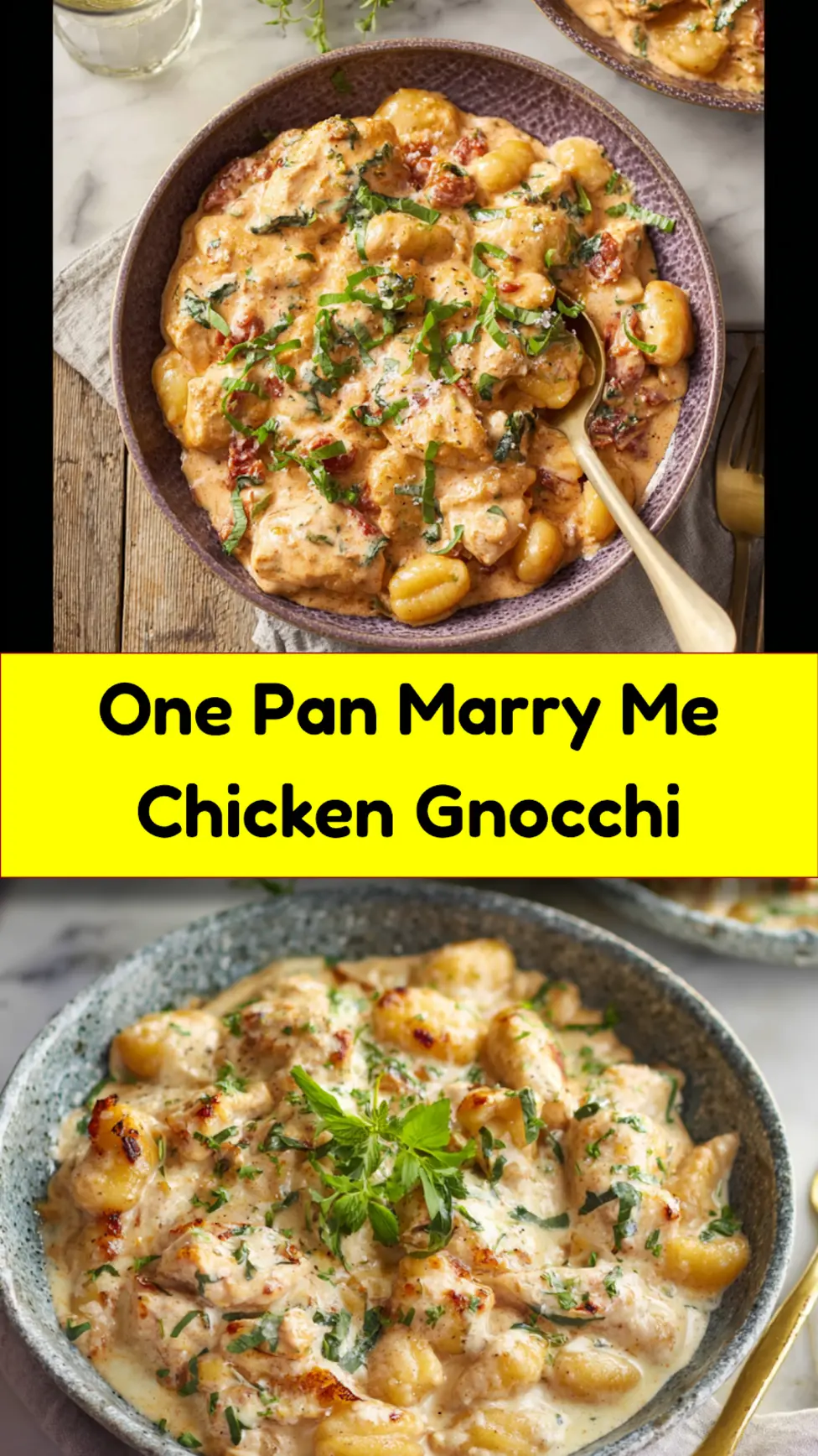 One Pan Marry Me Chicken Gnocchi recipe, served and ready to eat, easy homemade dish_pin