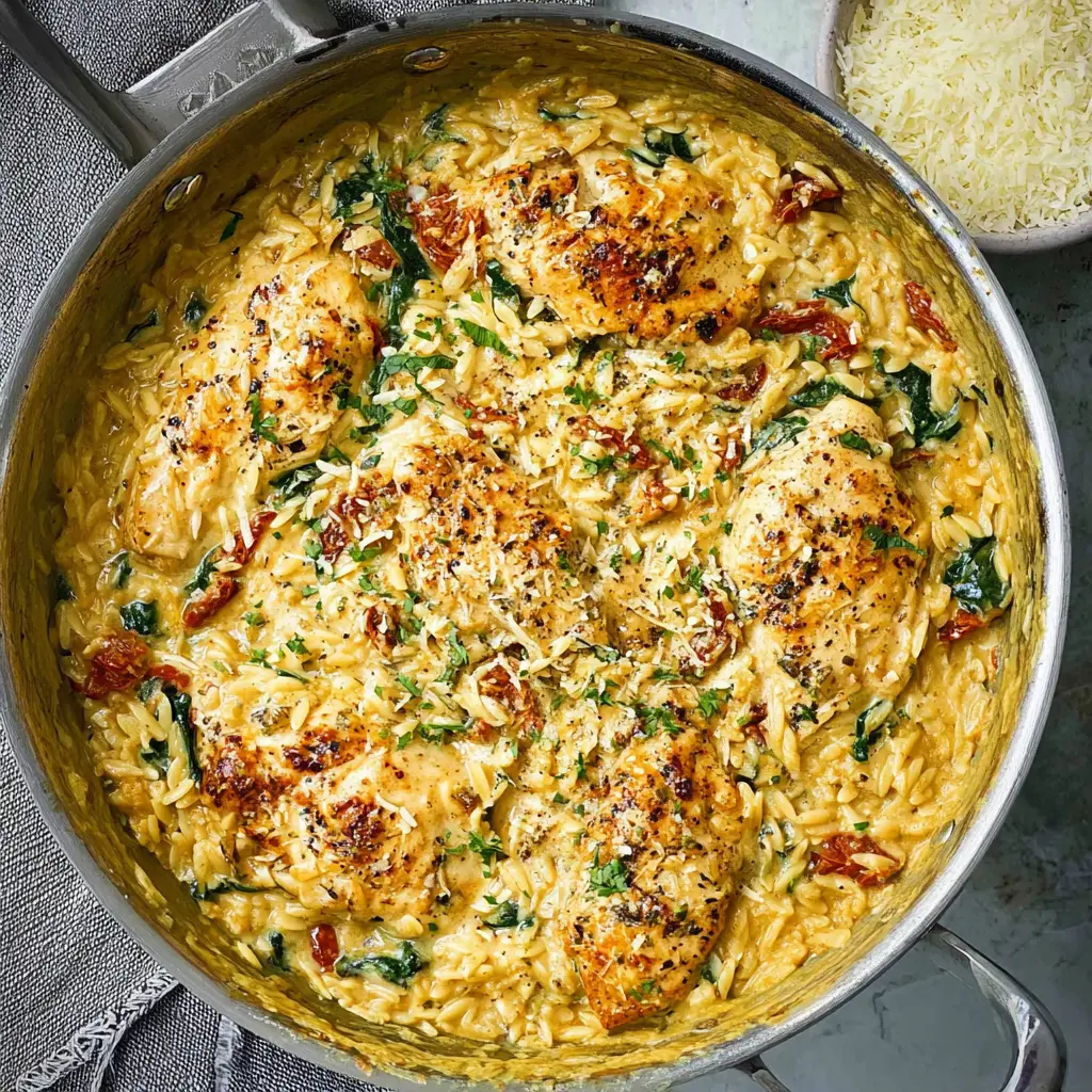 One Pan Marry Me Chicken Orzo recipe, served and ready to eat, easy homemade dish