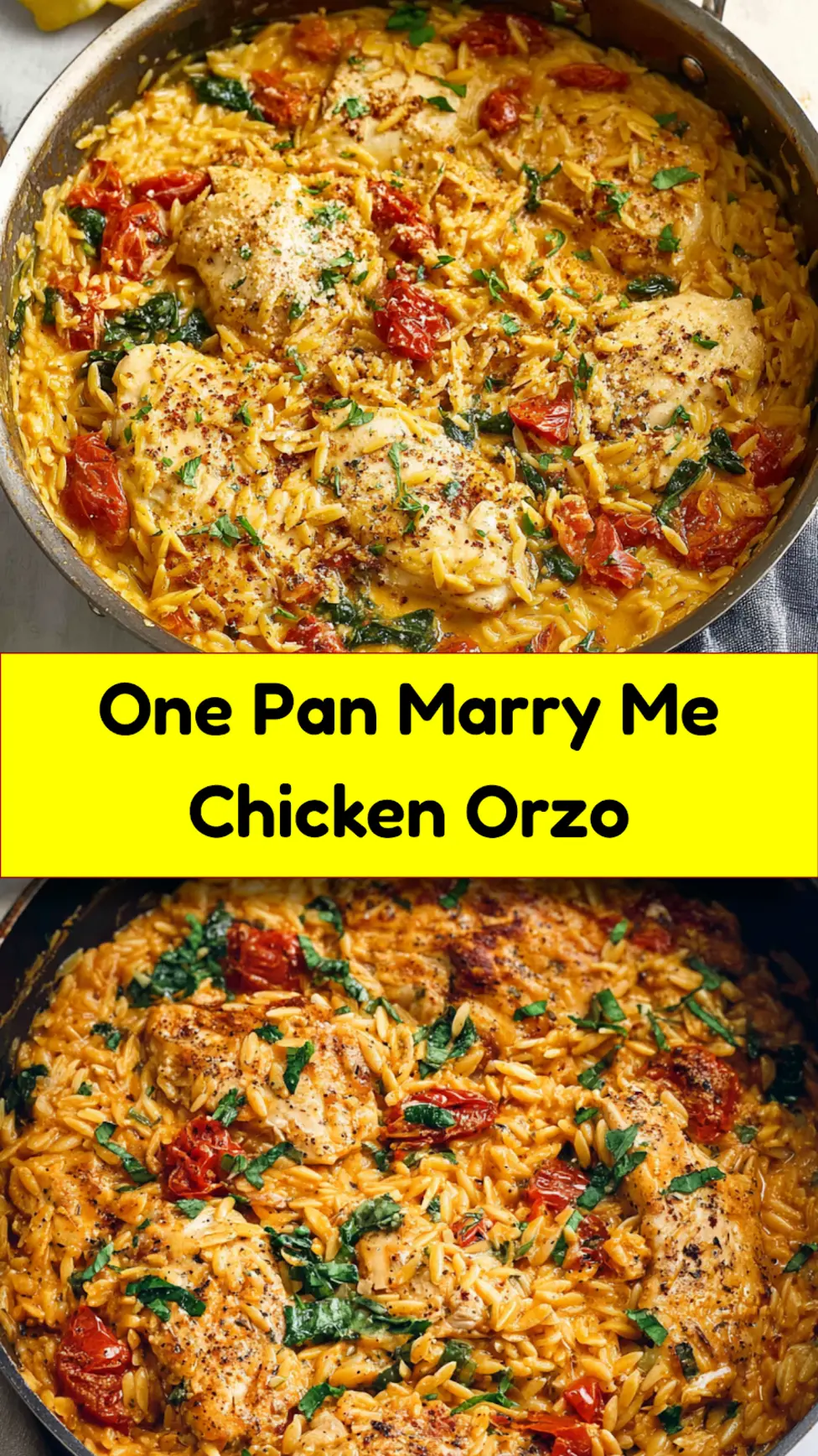One Pan Marry Me Chicken Orzo recipe, served and ready to eat, easy homemade dish