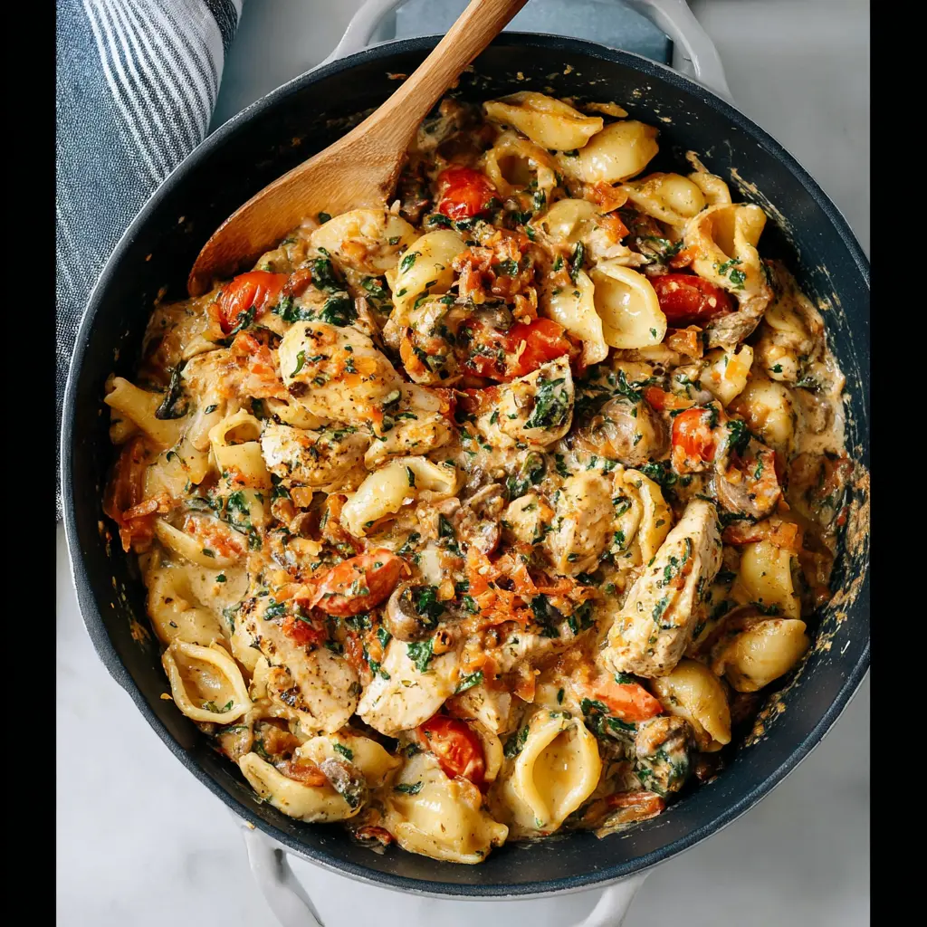One Pan Marry Me Chicken Pasta recipe, served and ready to eat, easy homemade dish