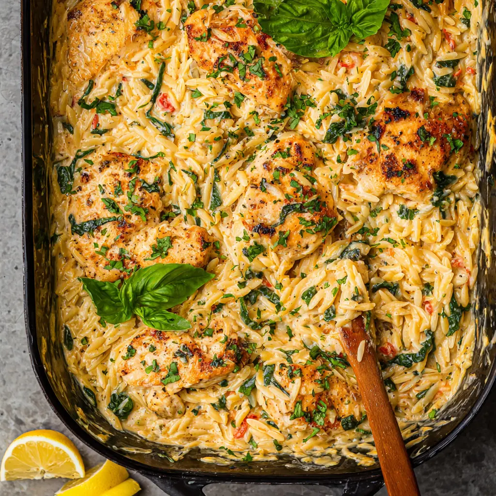 One Pan Parmesan Chicken Orzo Cozy Satisfying Dinner Your Family Will Love 6 One Pan Parmesan Chicken Orzo recipe, served and ready to eat, easy homemade dish