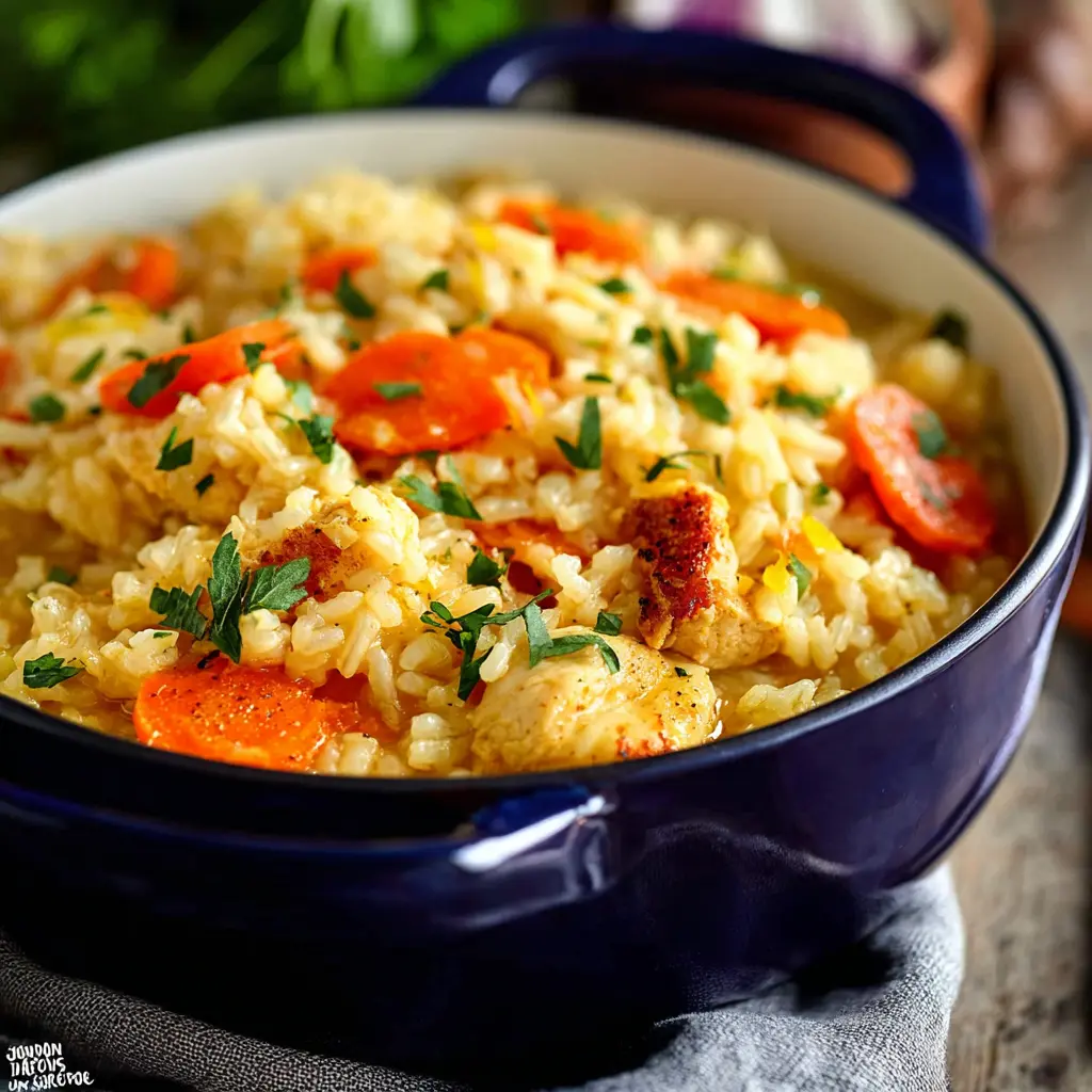 One Pot Chicken and Rice recipe, served and ready to eat, easy homemade dish