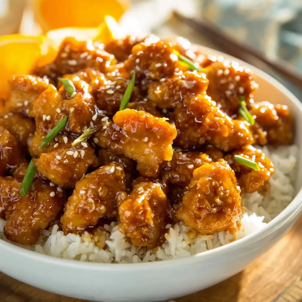 Orange Chicken Copycat recipe, served and ready to eat, easy homemade dish