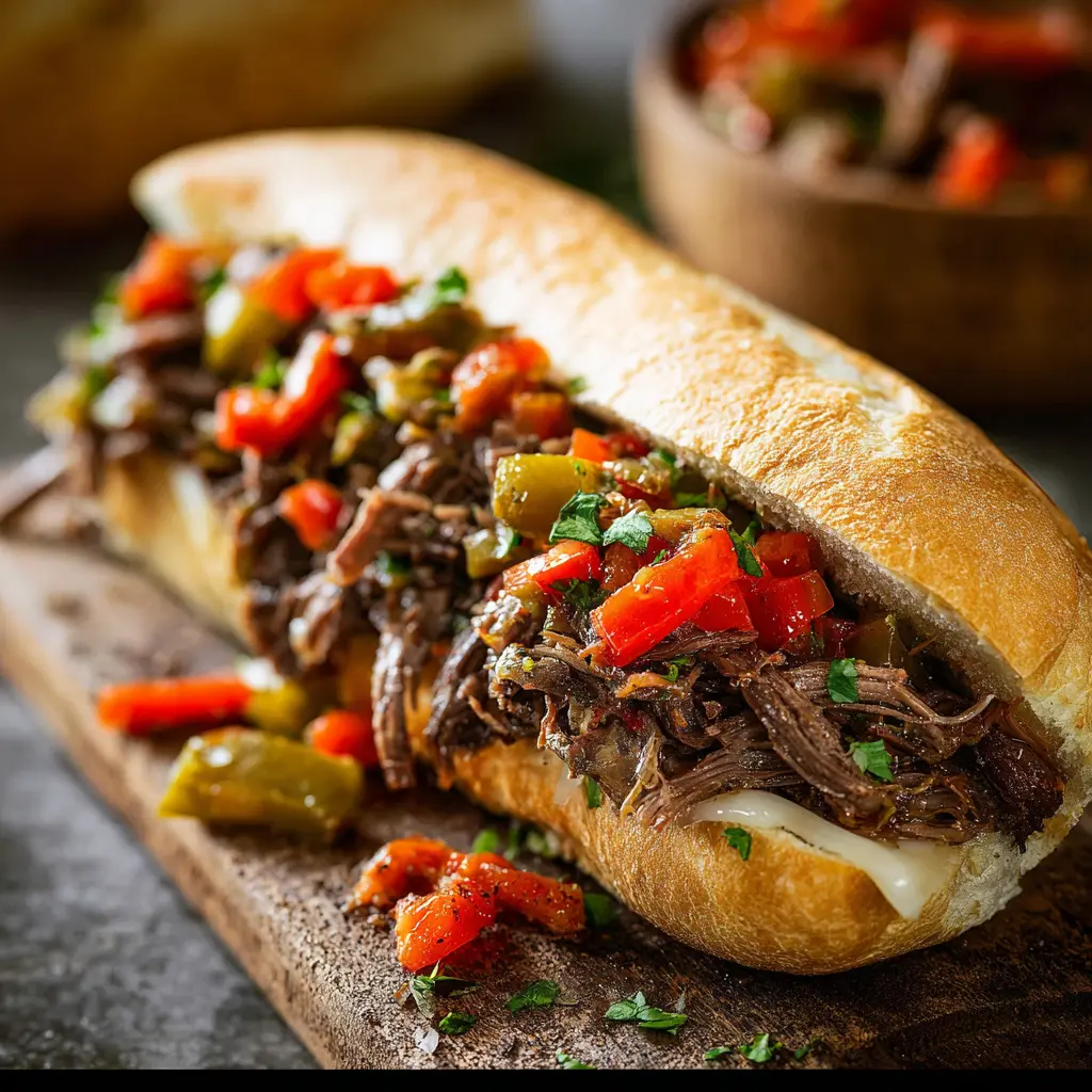 Copycat Portillos Italian Beef Sandwich Warm Satisfying Real Chicago Flavor at Home 6 Portillo's Italian Beef Sandwich recipe, served and ready to eat, easy homemade dish