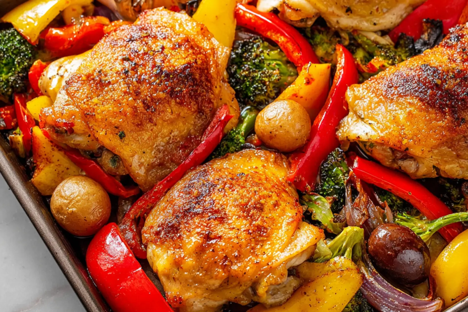 Sheet Pan Chicken Thighs Vegetables Weeknight Warm Crispy New Way Your Family Will Love