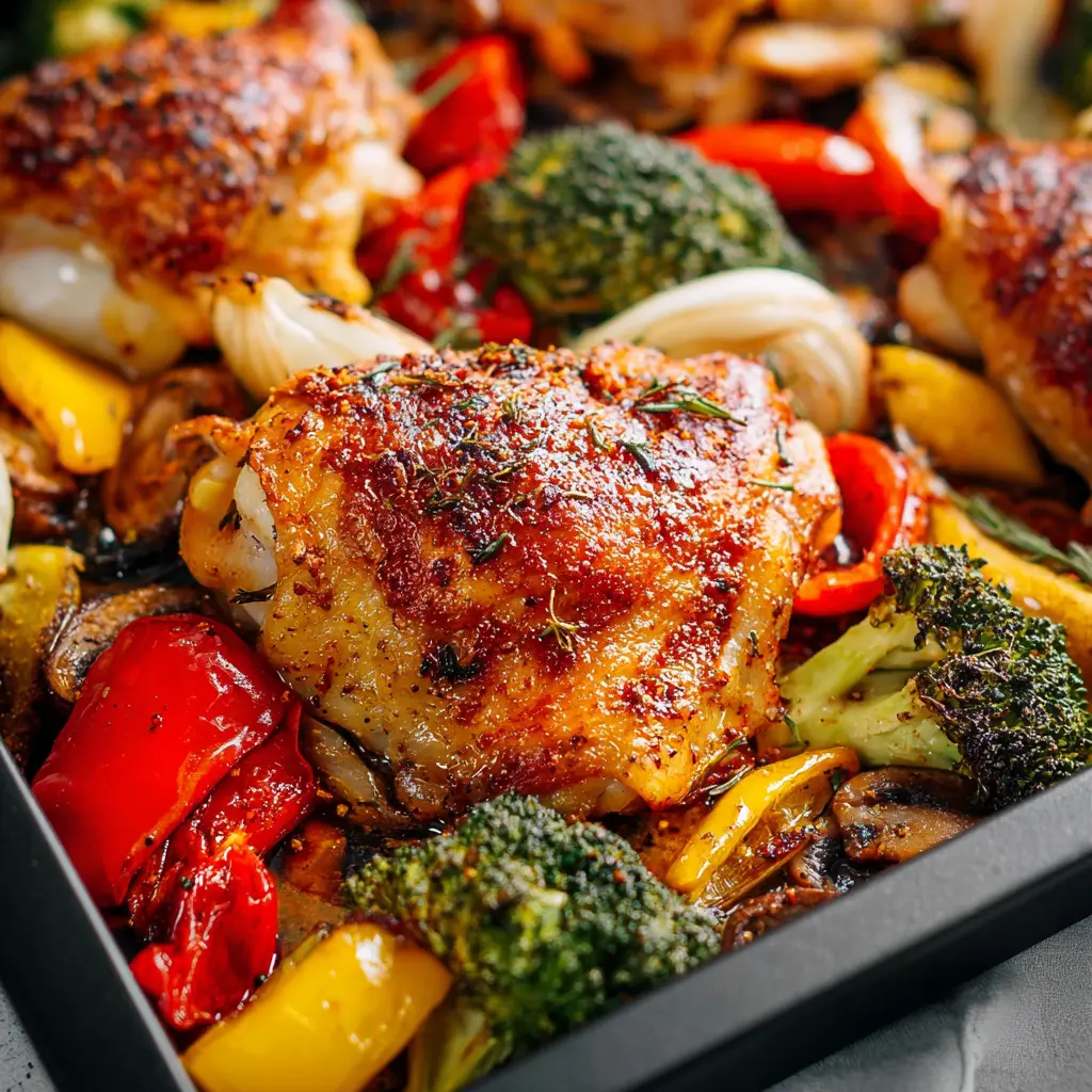 Sheet pan chicken thighs and vegetables served on a baking sheet, golden and ready to eat