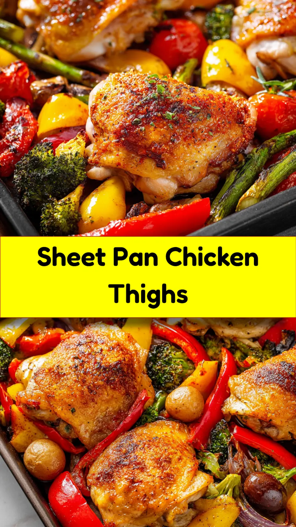 Sheet pan chicken thighs and vegetables pinnable image showing golden crispy chicken on a baking sheet