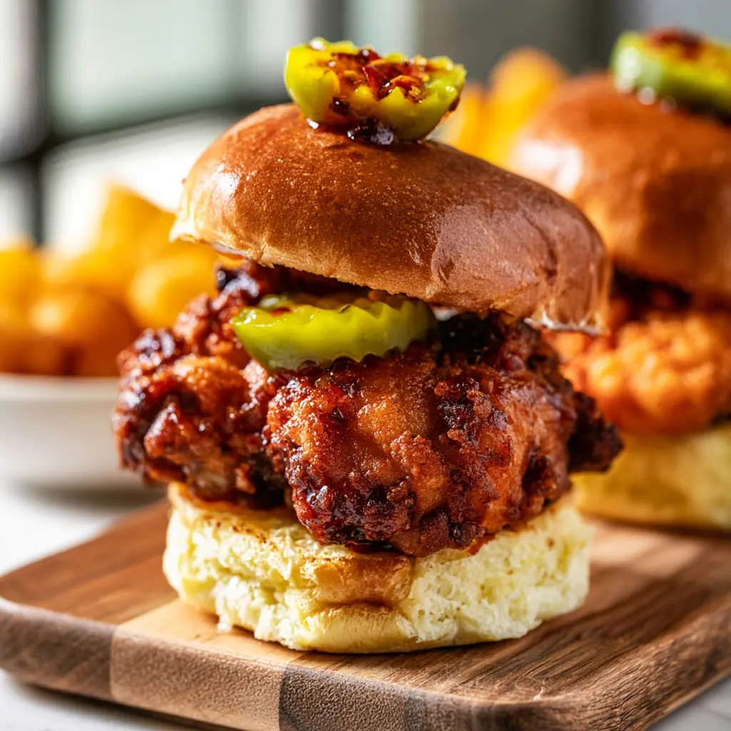 Spicy Hot Chicken Slider recipe, served and ready to eat, easy homemade dish
