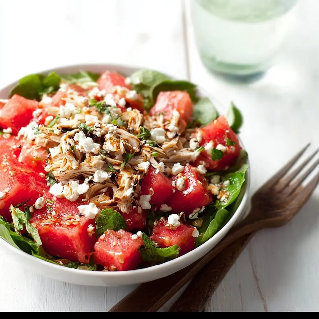 Watermelon Chicken Salad served and ready to eat, made with watermelon, grilled chicken, spinach, blue cheese, and balsamic reduction