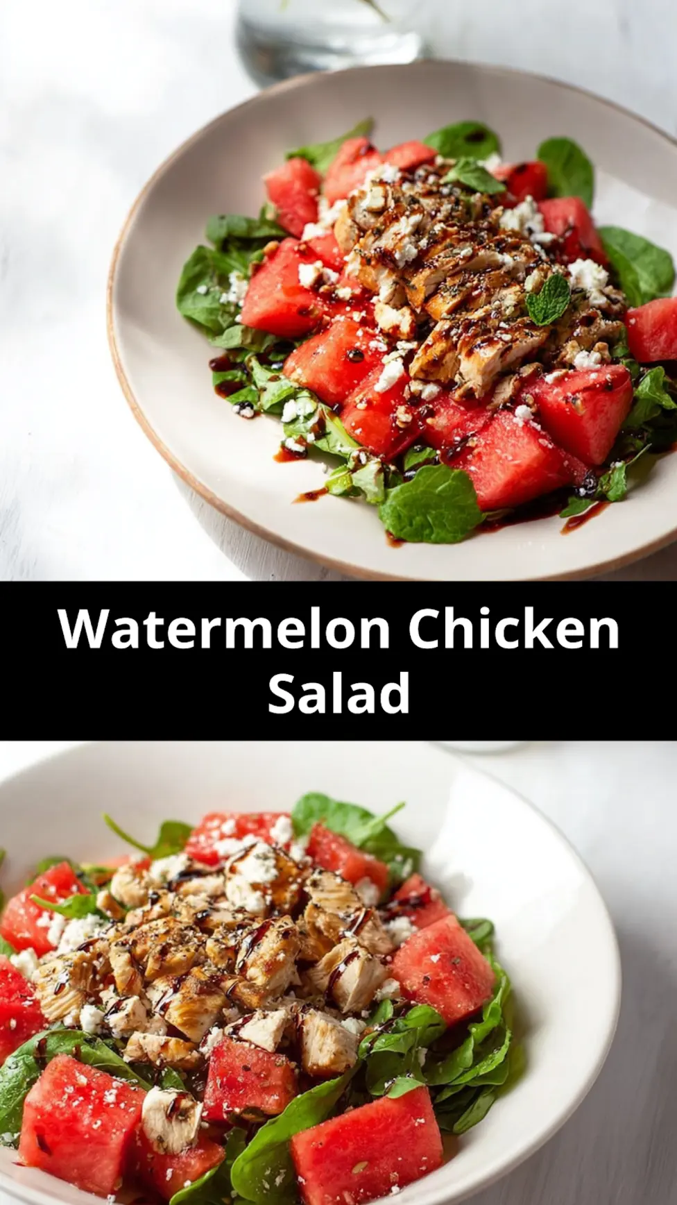 Watermelon Chicken Salad with grilled chicken, watermelon, spinach, blue cheese, and balsamic reduction  easy homemade summer recipe