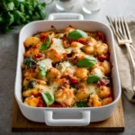 Baked Chicken Gnocchi Casserole recipe, served and ready to eat, easy homemade dish