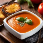 Tomato Basil Bisque recipe, served and ready to eat, easy homemade dish