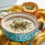 Wild Mushroom Soup recipe, served and ready to eat, easy homemade dish