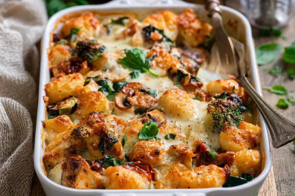 Baked Chicken Gnocchi Casserole recipe, served and ready to eat, easy homemade dish
