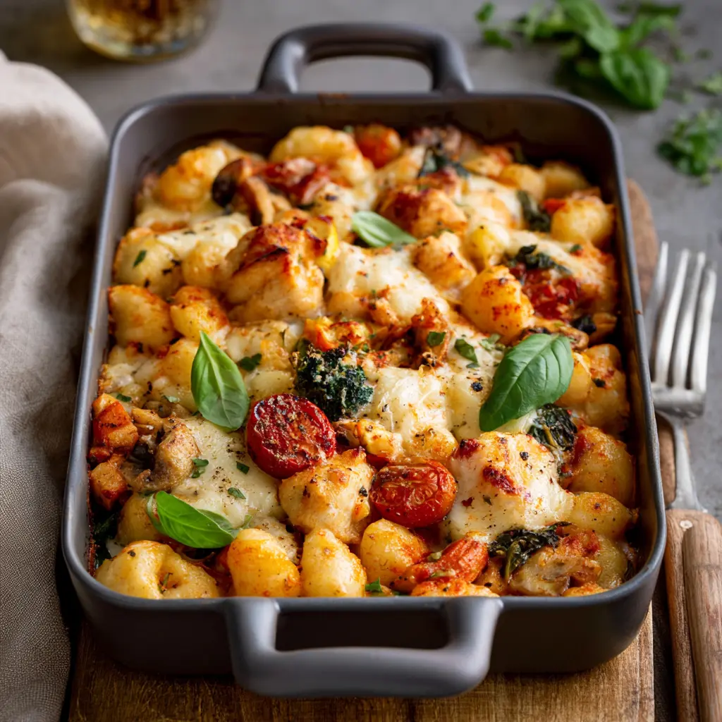 Baked Chicken Gnocchi Casserole served in a baking dish, bubbling with melted mozzarella and fresh basil