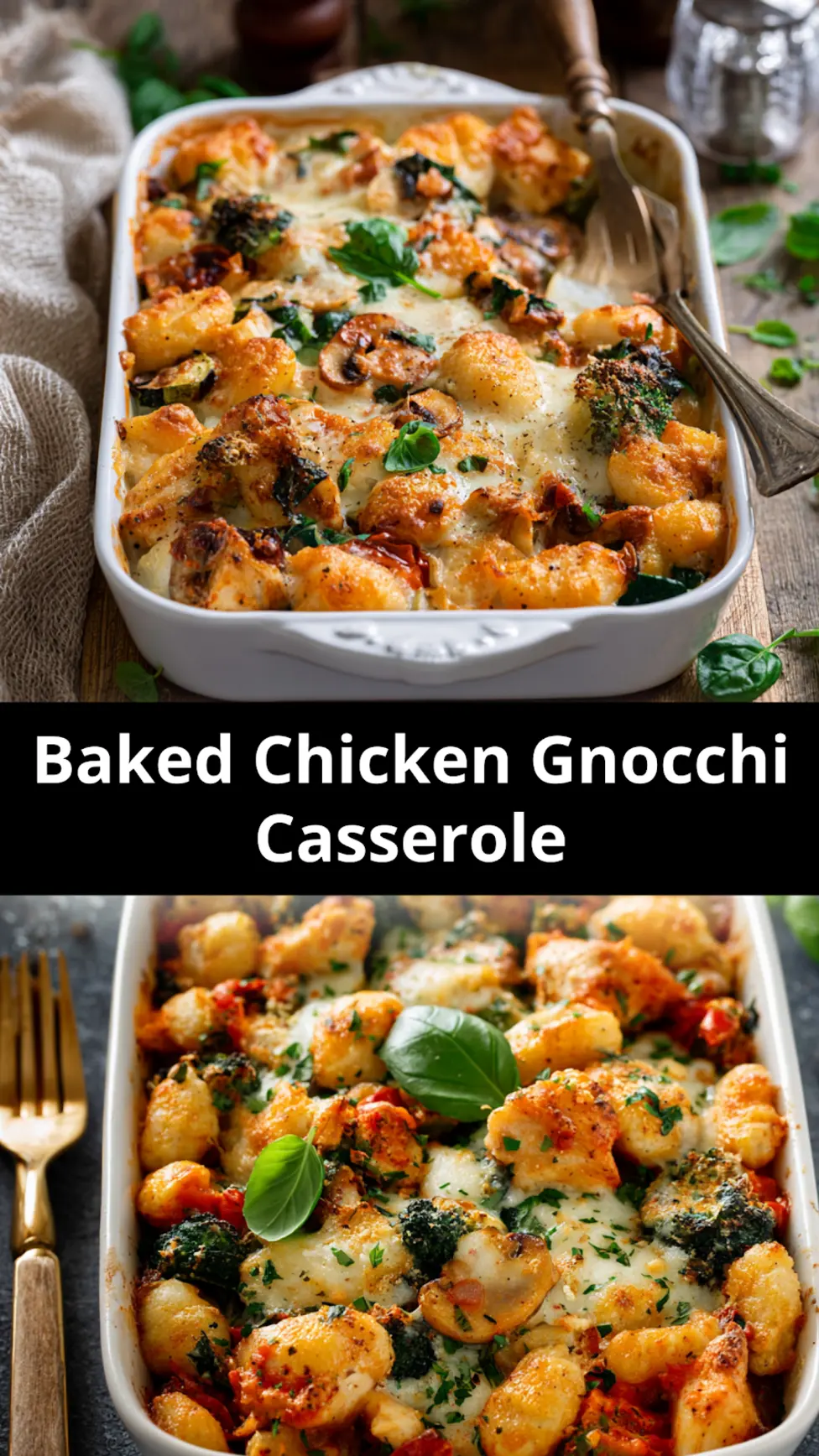 Baked Chicken Gnocchi Casserole recipe pin showing the finished dish with golden mozzarella and fresh basil
