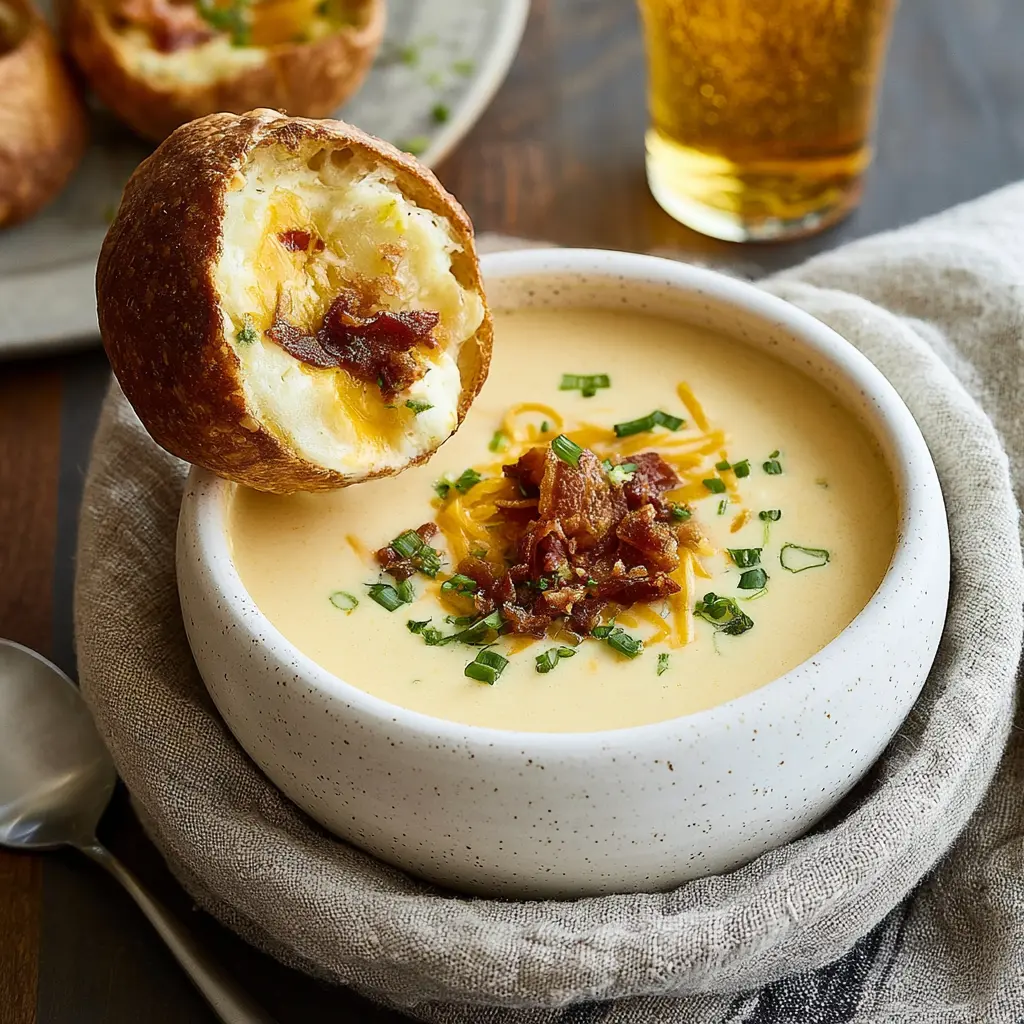 Beer cheese soup served in a bowl, ready to eat, easy homemade recipe