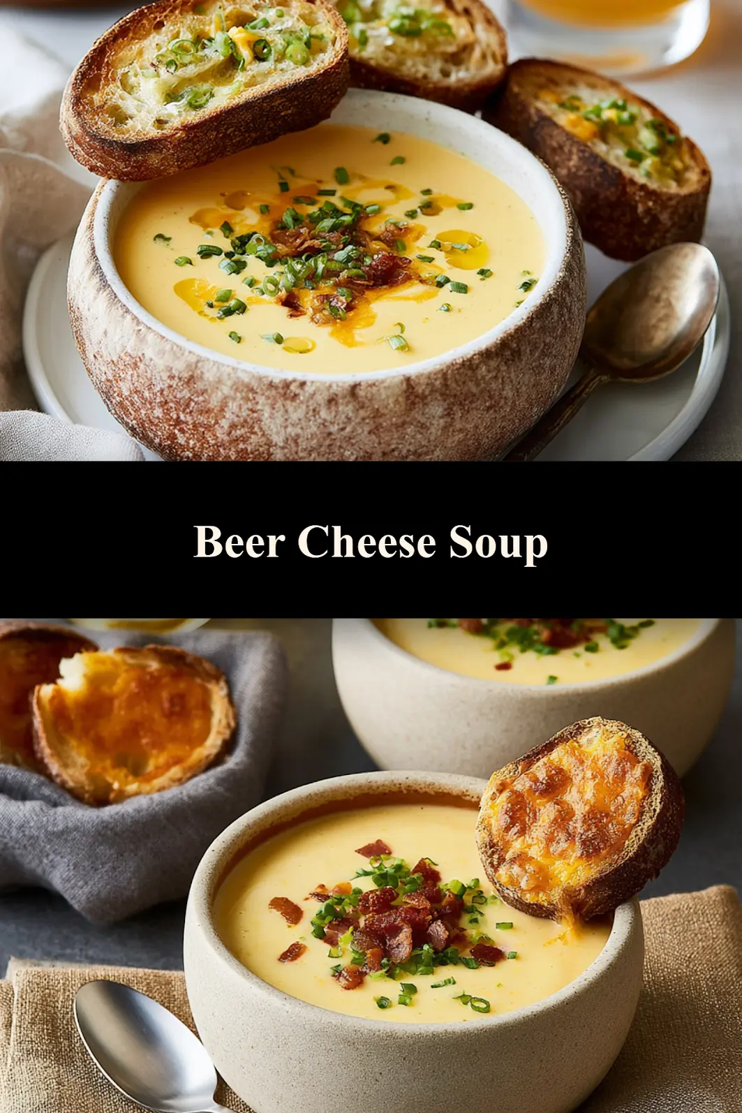 Beer cheese soup recipe pin  served and ready to eat, easy homemade dish