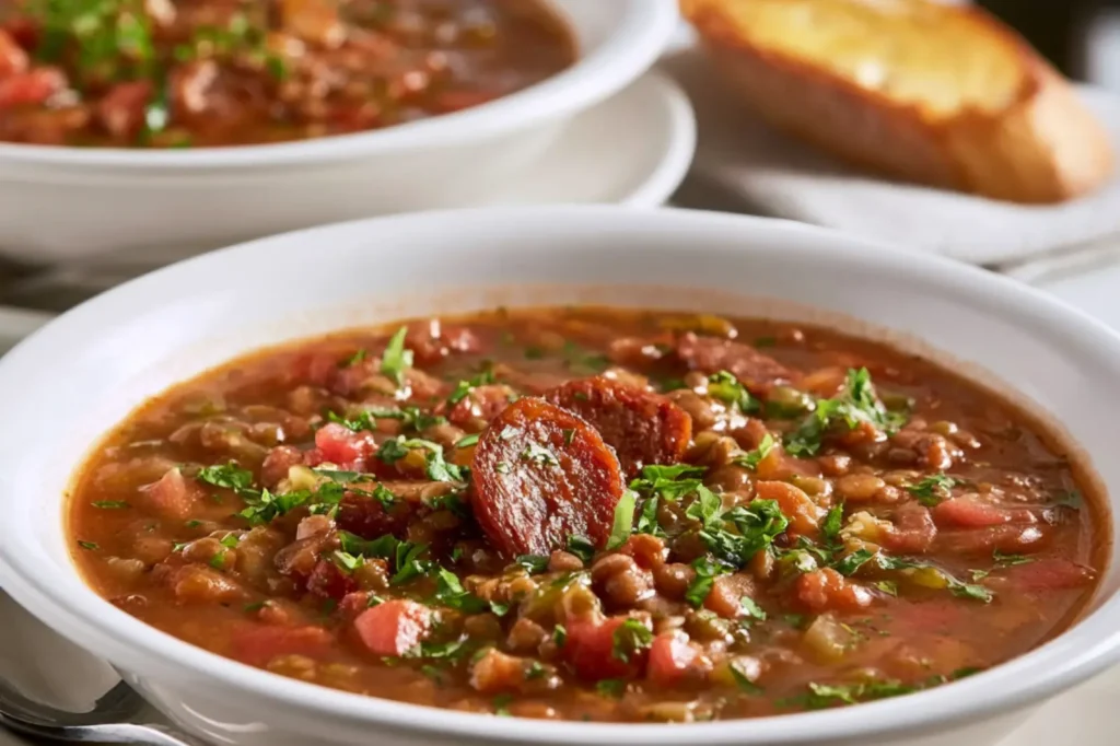 Carrabbas Sausage Lentil Soup recipe, served and ready to eat, easy homemade dish