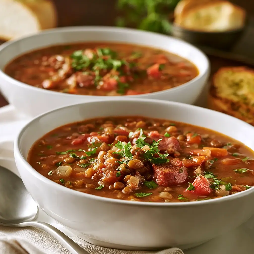 Homemade Carrabba's sausage lentil soup served in a bowl, ready to eat