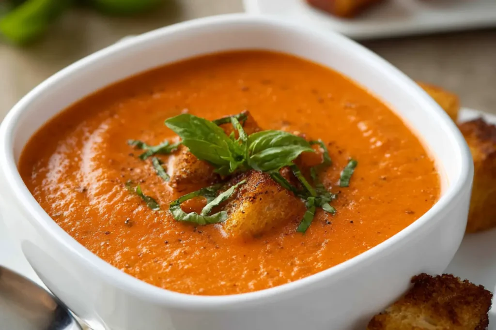 COSI TOMATO BASIL BISQUE recipe, served and ready to eat, easy homemade dish