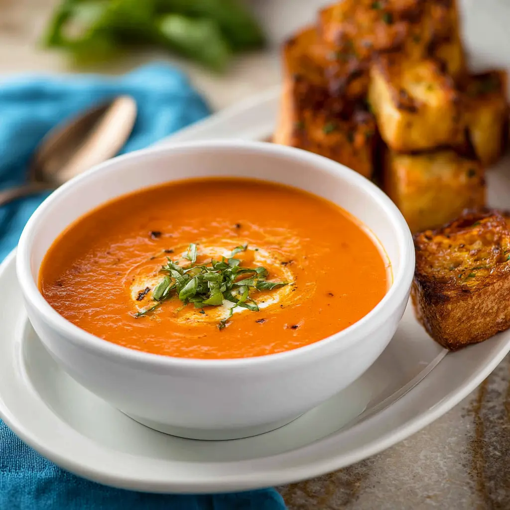 Cosi Tomato Basil Bisque served in a bowl, ready to eat  easy homemade copycat recipe