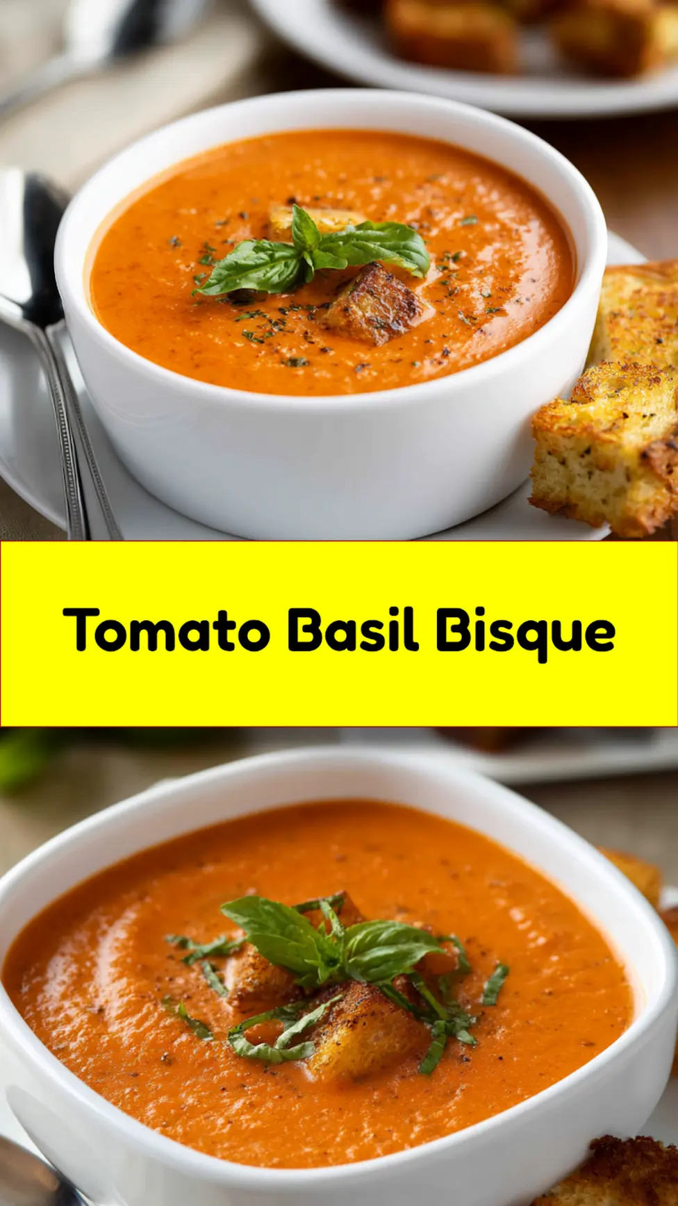 Cosi Tomato Basil Bisque copycat recipe  pinnable image showing a bowl of creamy tomato basil soup