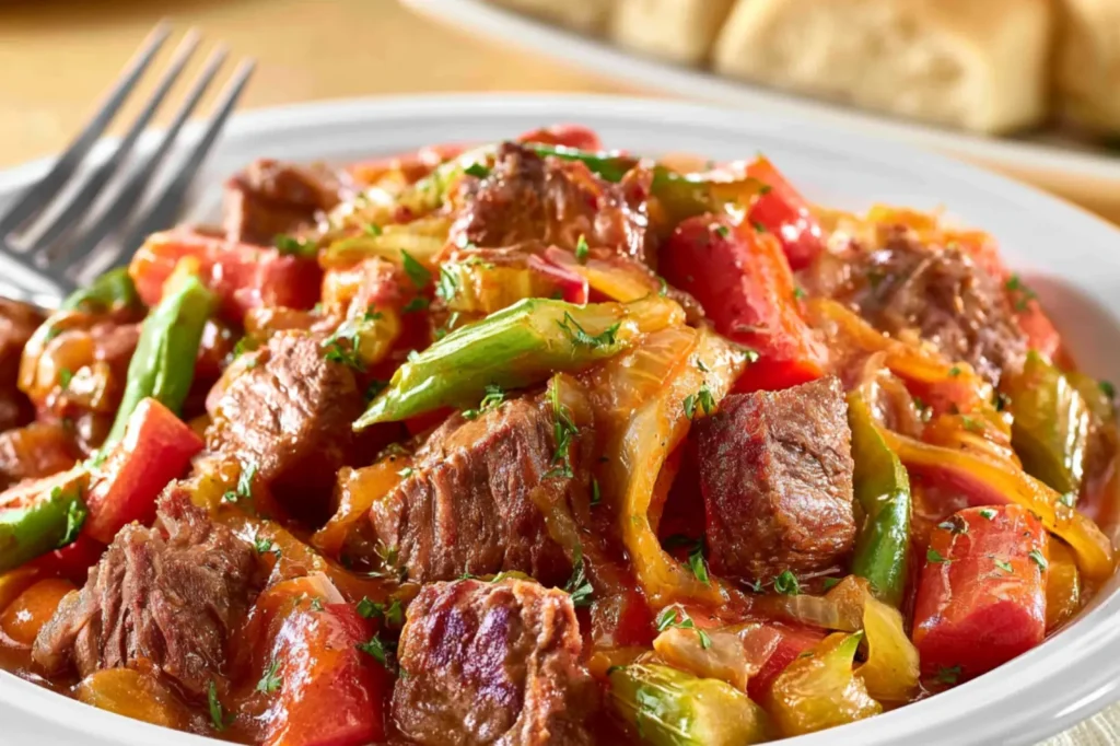 Golden Corral Vegetable Beef Stew recipe, served and ready to eat, easy homemade dish