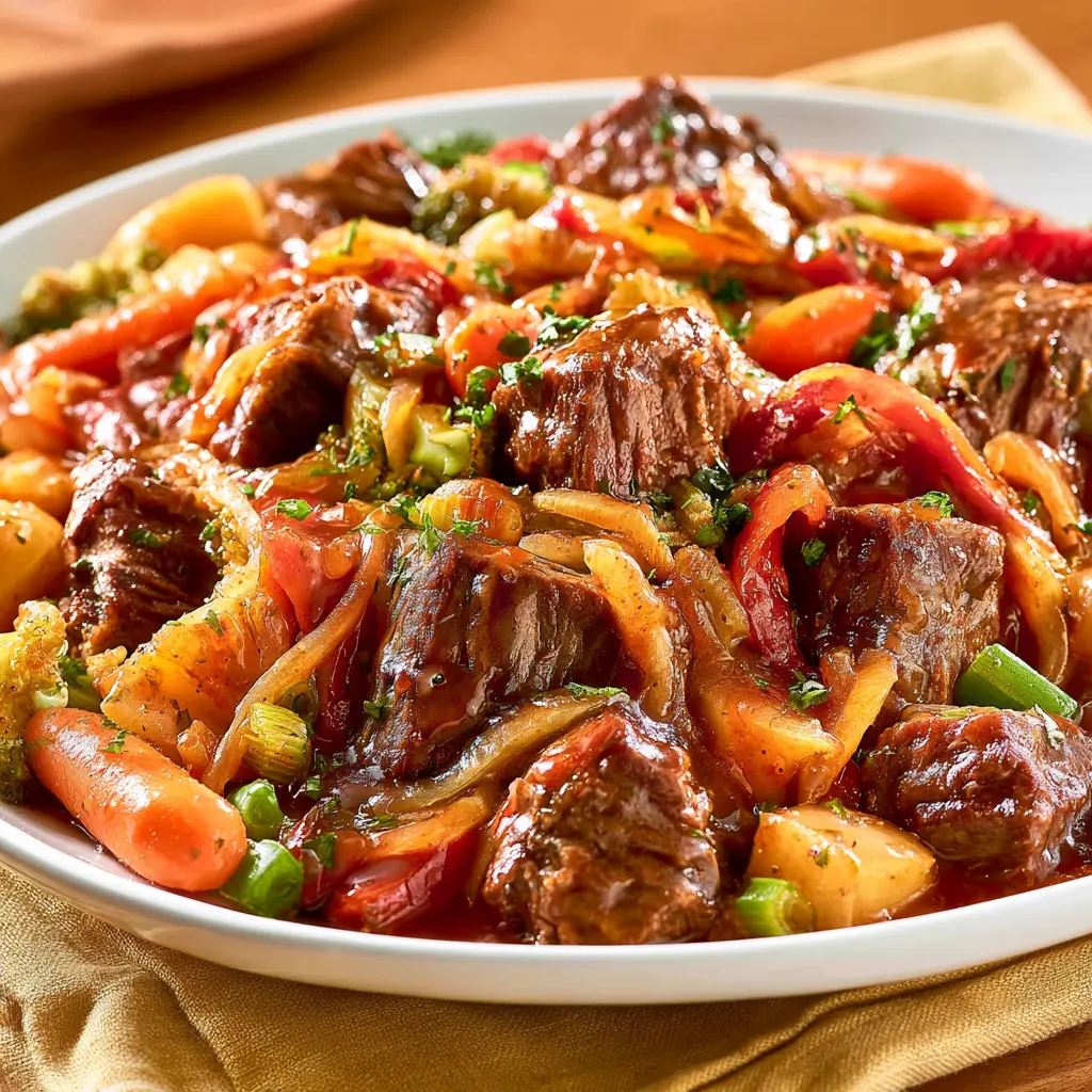 Golden Corral Vegetable Beef Stew recipe, served and ready to eat, easy homemade dish