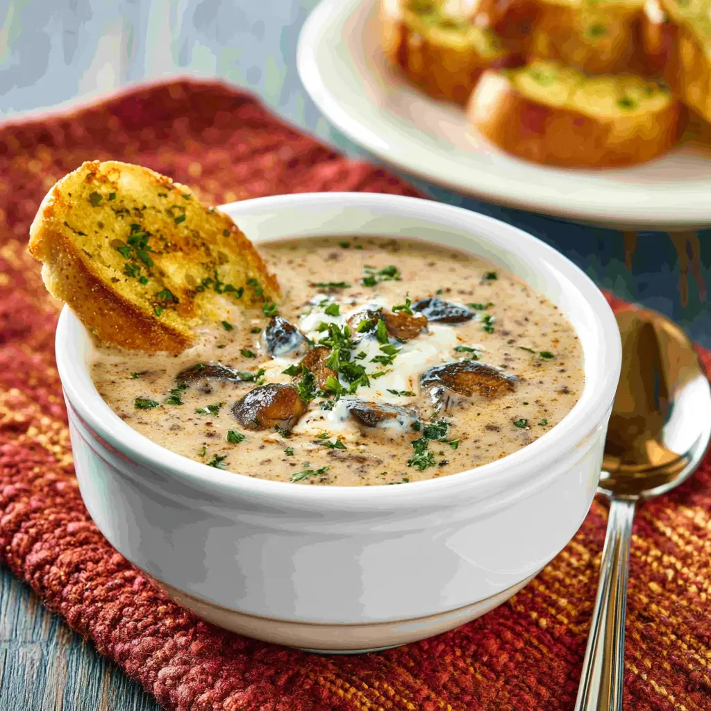 Longhorn Steakhouse Mushroom Soup recipe, served and ready to eat, easy homemade dish