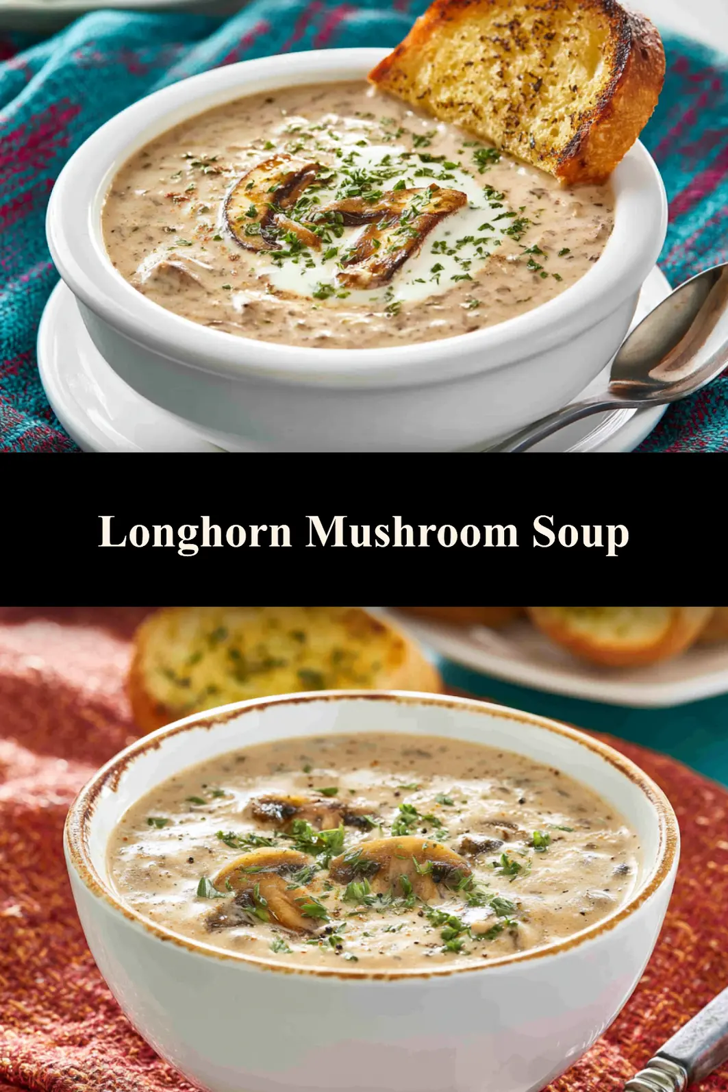 Longhorn Steakhouse Mushroom Soup recipe, served and ready to eat, easy homemade dish