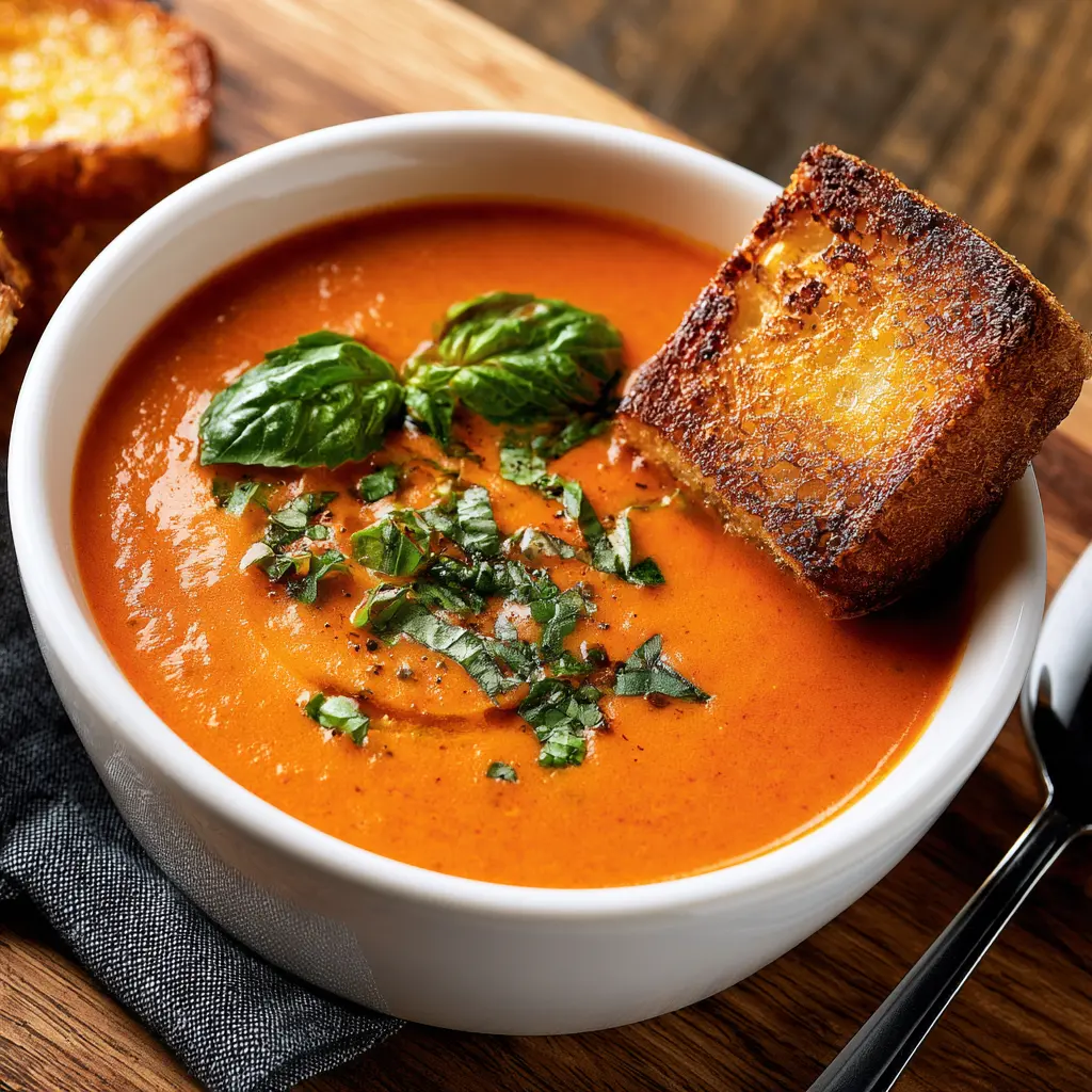 Tomato Basil Bisque recipe, served and ready to eat, easy homemade dish