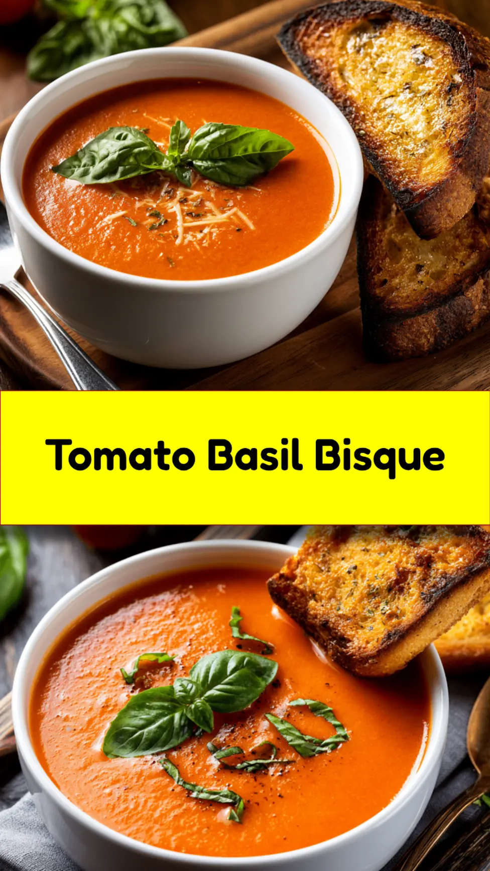 Tomato Basil Bisque recipe, served and ready to eat, easy homemade dish