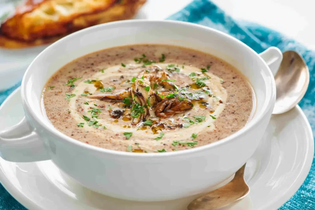 Wild Mushroom Soup recipe, served and ready to eat, easy homemade dish