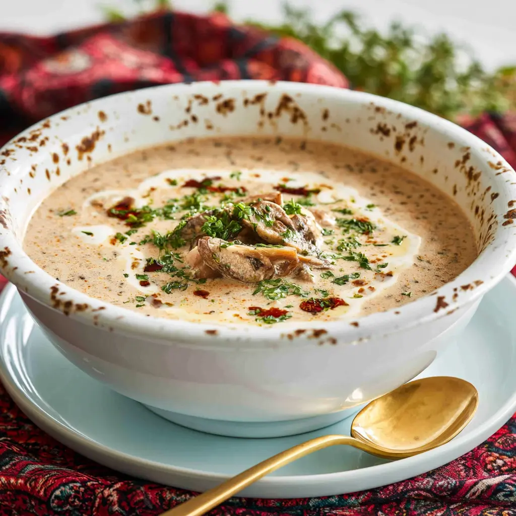 Wild Mushroom Soup recipe, served and ready to eat, easy homemade dish