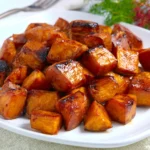 Air Fryer Candied Sweet Potatoes recipe, served and ready to eat, easy homemade dish