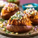 BBQ Chicken Stuffed Sweet Potatoes recipe, served and ready to eat, easy homemade dish