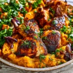 Chili Brown Sugar Chicken and Sweet Potatoes recipe, served and ready to eat, easy homemade dish