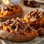 Pecan Pie Twice Baked Sweet Potatoes recipe, served and ready to eat, easy homemade dish
