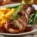 Tender Pork Tenderloin with Apple Cider Glaze recipe, served and ready to eat, easy homemade dish