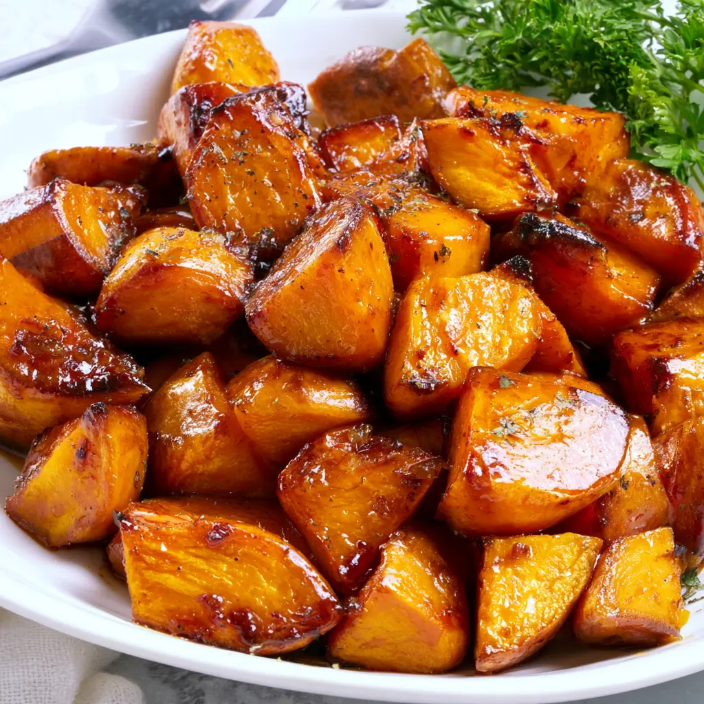 Air Fryer Candied Sweet Potatoes served in a dish, golden glaze and fork-tender sweet potato cubes