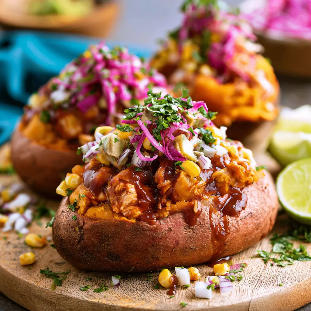 BBQ Chicken Stuffed Sweet Potatoes Make the Most Satisfying Cozy Dinner 6 BBQ Chicken Stuffed Sweet Potatoes served and ready to eat, an easy homemade weeknight dinner