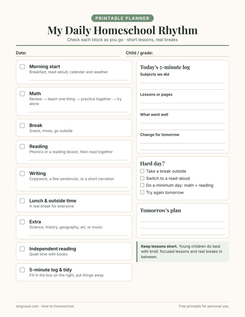 Printable daily homeschool rhythm planner for the first year